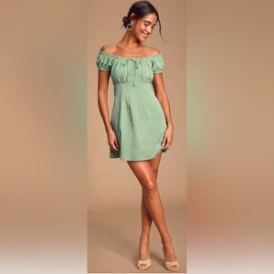 Lulus Wisteria Sage Green Embroidered Off-the-Shoulder Mini Dress Size Medium
